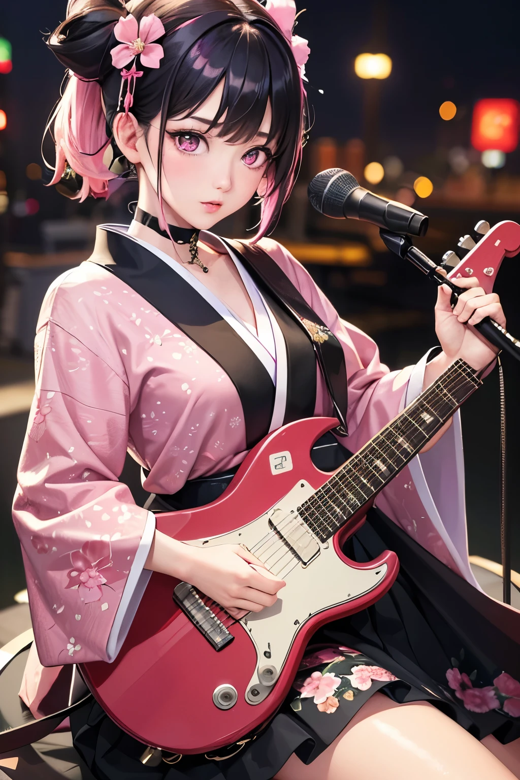 masterpiece, best quality, very detailed, high resolution, expensive resolution, high resolution, 4K, 8k, Unity 8k wallpaper, highly detailed CG, masterpiece, 2D, 3D, beautiful details, depth, fine texture, best quality: 1.3, perfect focus, crispy skin, he,
Very cute anime girl, girl playing guitar vocals in a band wearing a Japanese fancy floral haori hakama, on outdoor stage, full body, expensive pink and black short twin tail hair, mole under eye, looking at the viewer, expensive, blush, mole, lips open, , heart choker, pink eyes, guitar vocals, stage