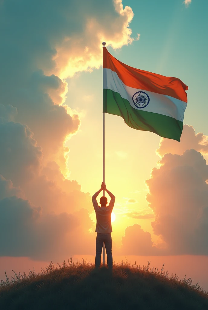 Beautiful nature sky with indian independence flag namaste