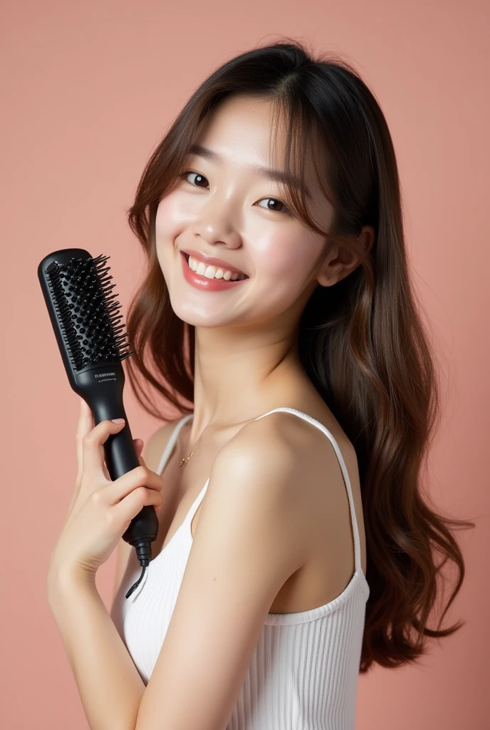 a beautiful korean woman holding an electric hair brush, straight hair, standing on a studio background, looking towards the camera, happy, natural lighting, sharp focus, high details, high quality, product photography