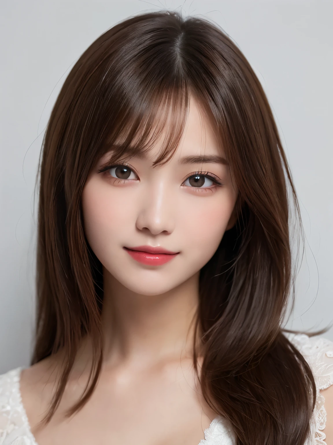 white background, half body portrait, bust shot, looks happy, smile, one girl, (a beauty girl, delicate girl:1.3), (20 years old:1.3), break, (dress up as vampire), break, very fine eyes, (symmetrical eyes:1.3), break, C cup breasts, brown eyes, parted bangs, brown hair, (smile), break, (eyes and faces with detailed:1.0), break, (masterpiece, best quality, ultra detailed, detailed face, 8k)