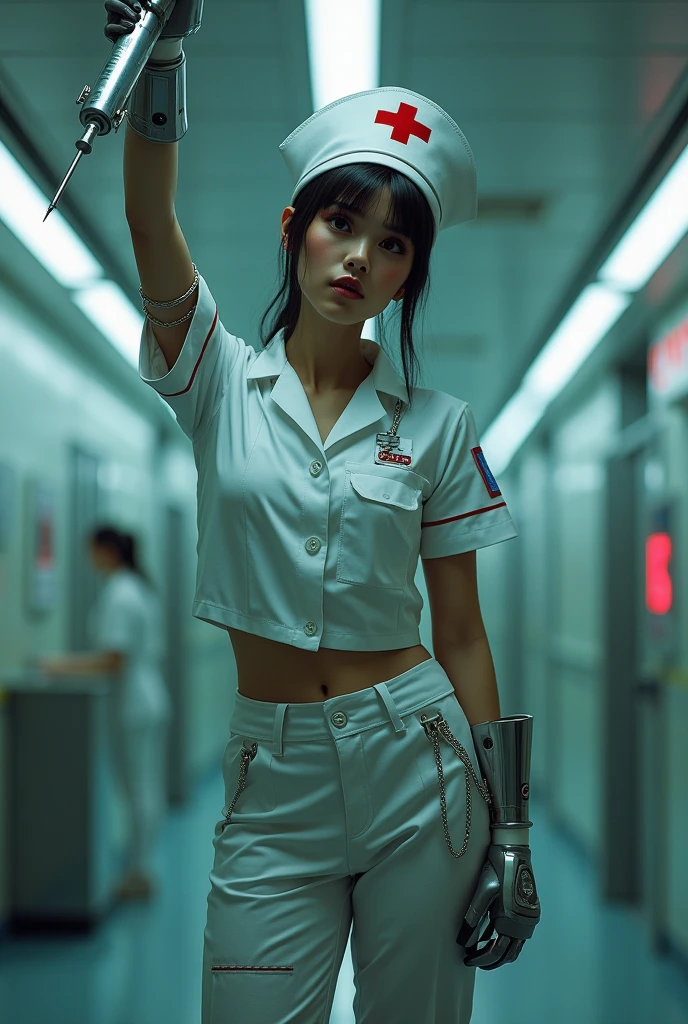 cyberpunk Hospital, 최advanced technology을 갖춘 병원에서 일하다、A very stylish and beautiful female cyborg nurse, (holding a big syringe_With your arms raised above your head, armpit exposure: 1.7), ((Nurse uniform exposed, Nurse's hat and red cross symbol: 1.7)), Complex machinery部品, Glowing cybernetic enhancements, perfect skin, delicate facial features, beautisaturatedy detailed eyes, pointed nose, saturated, beautisaturatedy detailed lips, long eyelashes, very detailed 눈과 얼굴, muscular, Perfect and ideal proportions, big, tight waist, big 엉덩이, fascinating look, Six-pack, navel, Tattoo, Shadowless Light, Moody yet dynamic atmosphere, dramatic lighting, structure of the film, vivid colors, Sophisticated futuristic armor, elegant pose, piercer, (best quality, 4K, 8k, high resolution, masterpiece: 1.2), very detailed, (realistic, realistic, realistic: 1.37), Complex machinery, advanced technology, Dynamic action, dramatic shadows, movie angle, Intense expression, dramatic lighting, Neon Highlights, complex pattern, Future-proof environment, very detailed faces, structure of the film, dynamic pose, A tense atmosphere, rich colors, Advanced Weapons, cyberpunk, sf, digital art, Mecca,