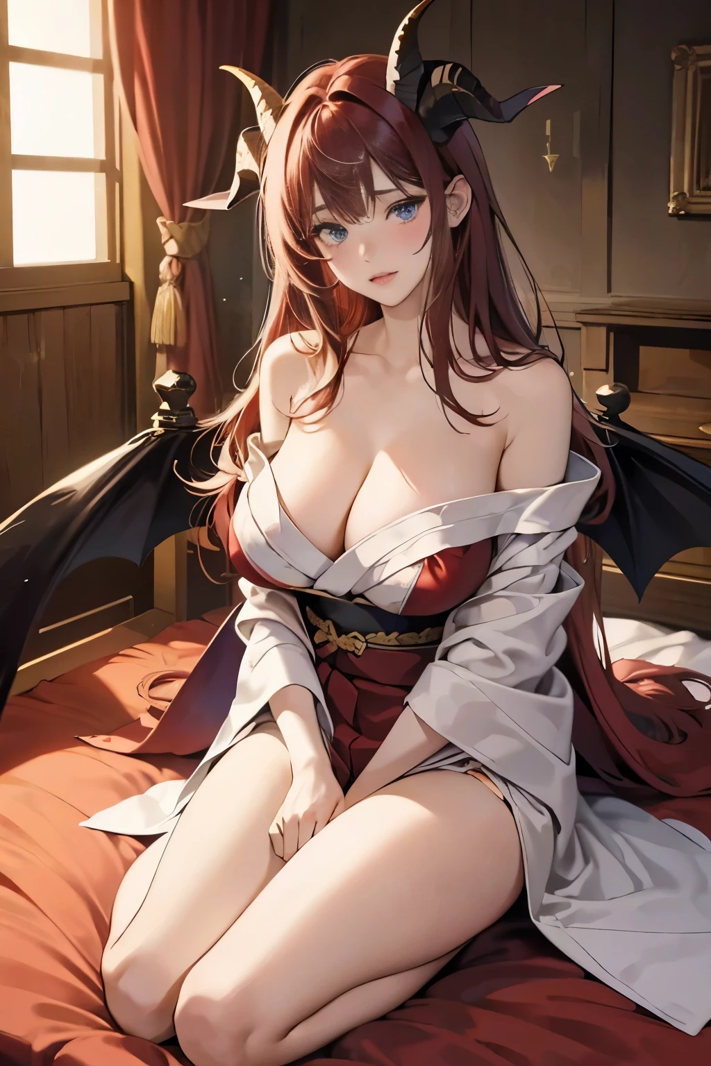20-year-old girl, Very short black and red hair, Embarrassed look, Red cheeks, Sparkling blue eyes, Large , White silk robe, Areola,es, Warmng, Blushed, Embarrassed expression, Cleavage, Long legs,ght, On the bed, Japanese-style room, warm yellow lighting, sunset, Browsing Caution、Goat horns、Bat Wings、Large Breasts,(parted lips:1.3),(hn eyes:1.4),(feeling weak:1.5)、