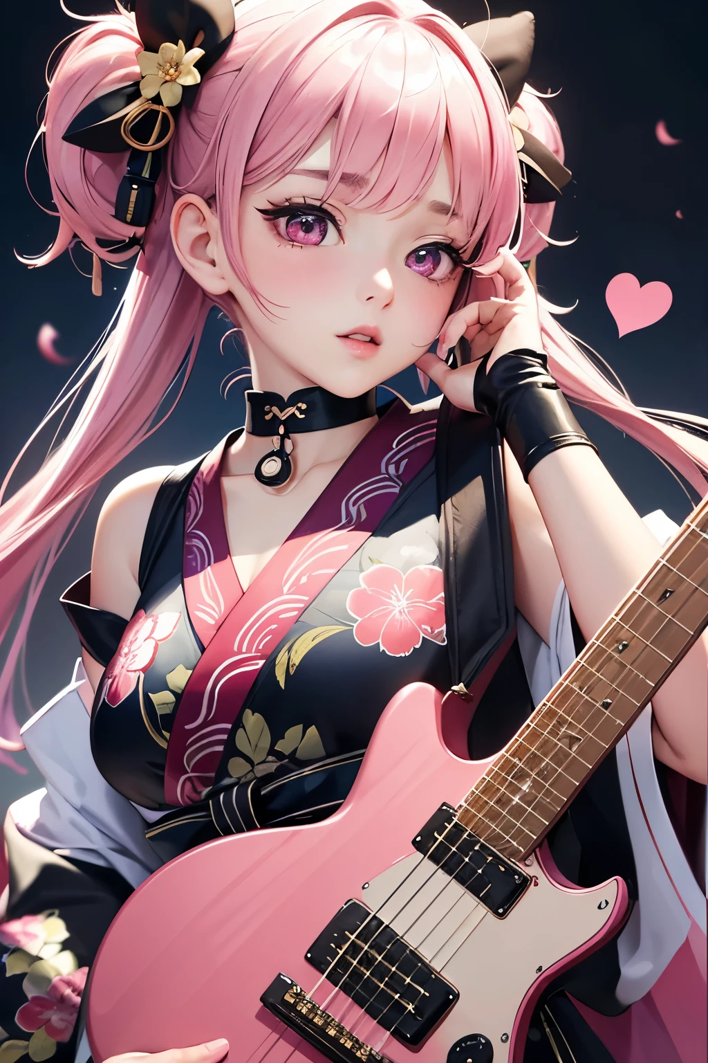 masterpiece, best quality, very detailed, high resolution, expensive resolution, high resolution, 4K, 8k, Unity 8k wallpaper, highly detailed CG, masterpiece, 2D, 3D, beautiful details, depth, fine texture, best quality: 1.3, perfect focus, crispy skin, he,
Very cute anime girl, girl playing baseguitar vocals in a band wearing a Japanese fancy floral haori hakama, on outdoor stage, full body, expensive pink twin tail hair, mole under eye, looking at the viewer, expensive, blush, mole, lips open, , heart choker, pink eyes, guitar vocals, stage,Full body of an anime girl with pink twin-tailed hair wearing a Japanese kimono and playing a bass guitar on stage at a cyberpunk festival