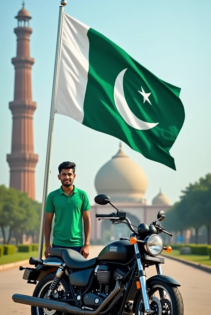 14 August ki photo flag Pakistan ka jhanda background Lahore minar-e-pakistan and bike khadi ho Piche name Kiran shirt sabaj