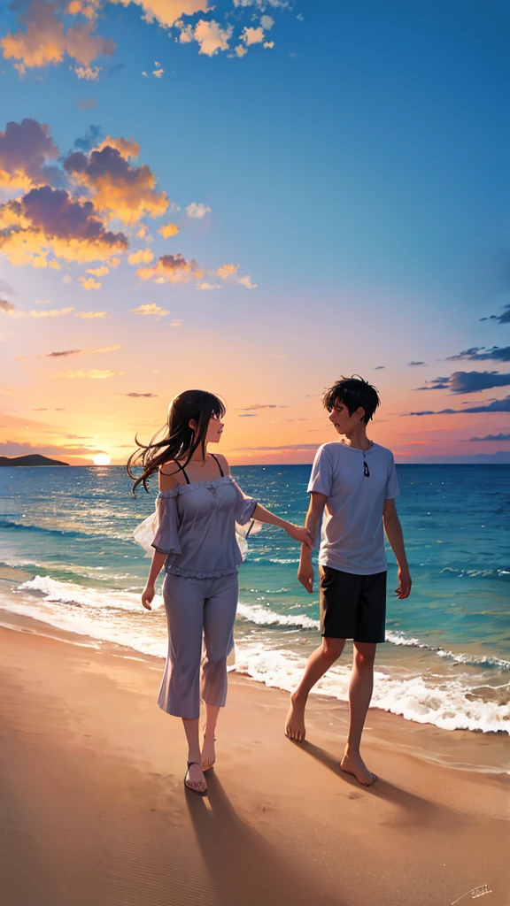 quiet seaside、On the sandy beach where the evening waves gently litter the shore、The couple's shadow is reflected。A silhouette of a couple appears to be holding hands、The moon shines behind them。A romantic and sad night view。