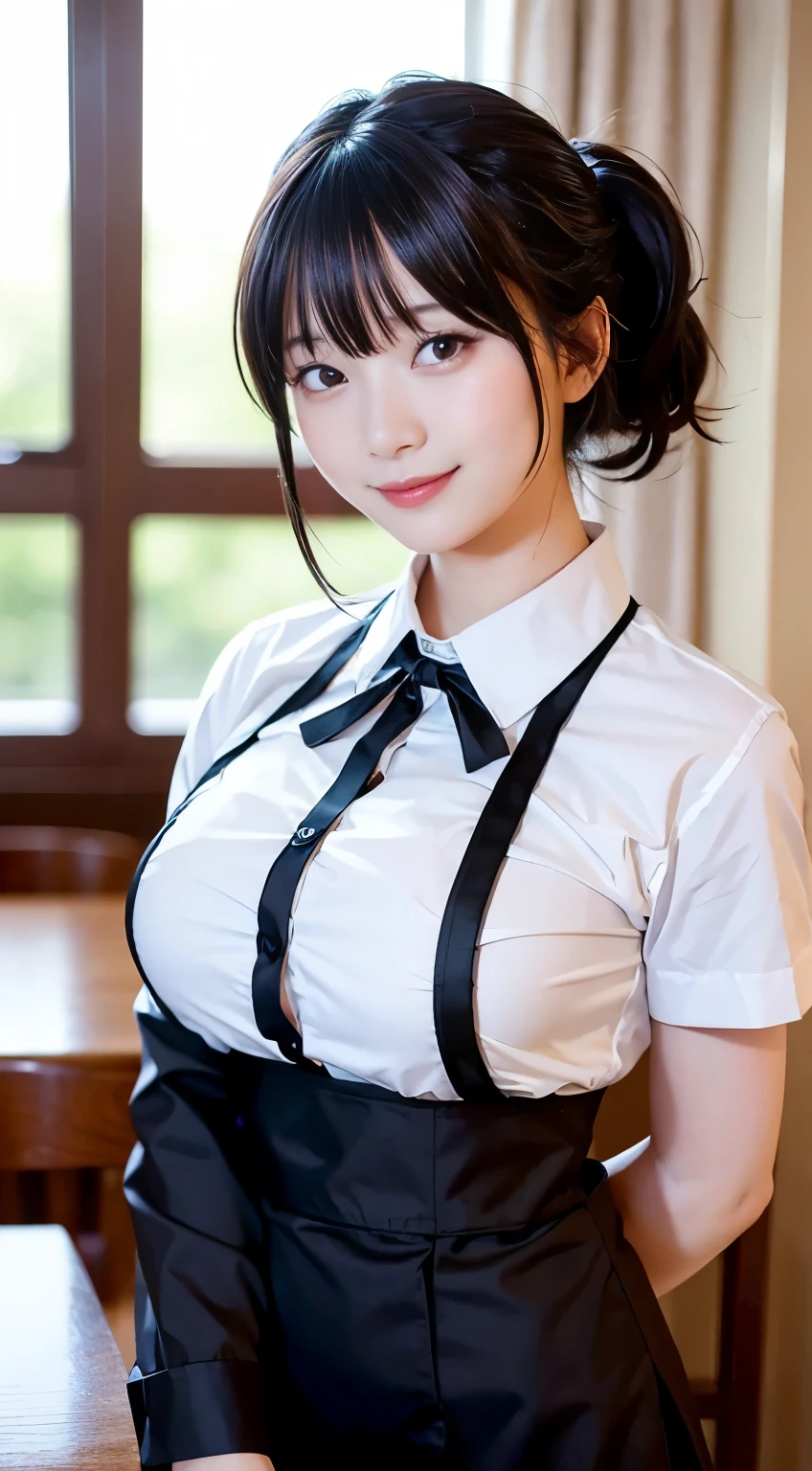 (Highest quality,masterpiece:1.3,Ultra-high resolution,),(Very detailed,Caustics),(Realistic:1.4,RAW shooting,)Ultra-Realistic Capture,Very detailed,High resolution 16K human skin closeup。 Natural skin texture、,pores、、、、It must be detailed enough to be easily identifiable。 Skin tone is even and healthy looking。 Use natural light and colour,restaurant,Waitress Uniform,1 girl,Japanese,18-year-old,cute,Black-haired,ponytail,Big Breasts,smile,Turn your body forward,(Front view:1.1),Looking into the camera,Cowboy Shot,