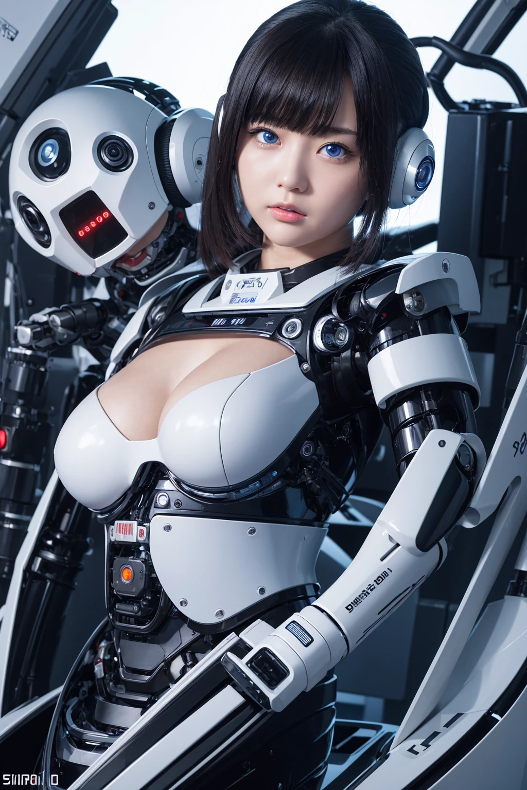 masterpiece, best quality, extremely detailed, Japaese android girl,portrait,Plump,a bit chubby,control panels,android,Droid,Mechanical Hand, Robot arms and legs, Black hair,Blunt bangs,perfect robot girl,long tube,thick cable connected her neck,android,robot,humanoid,cyborg,japanese cyborg girl ,robot-assembly plant,She is assembling now,assembly scene,blue eyes,chest monitor