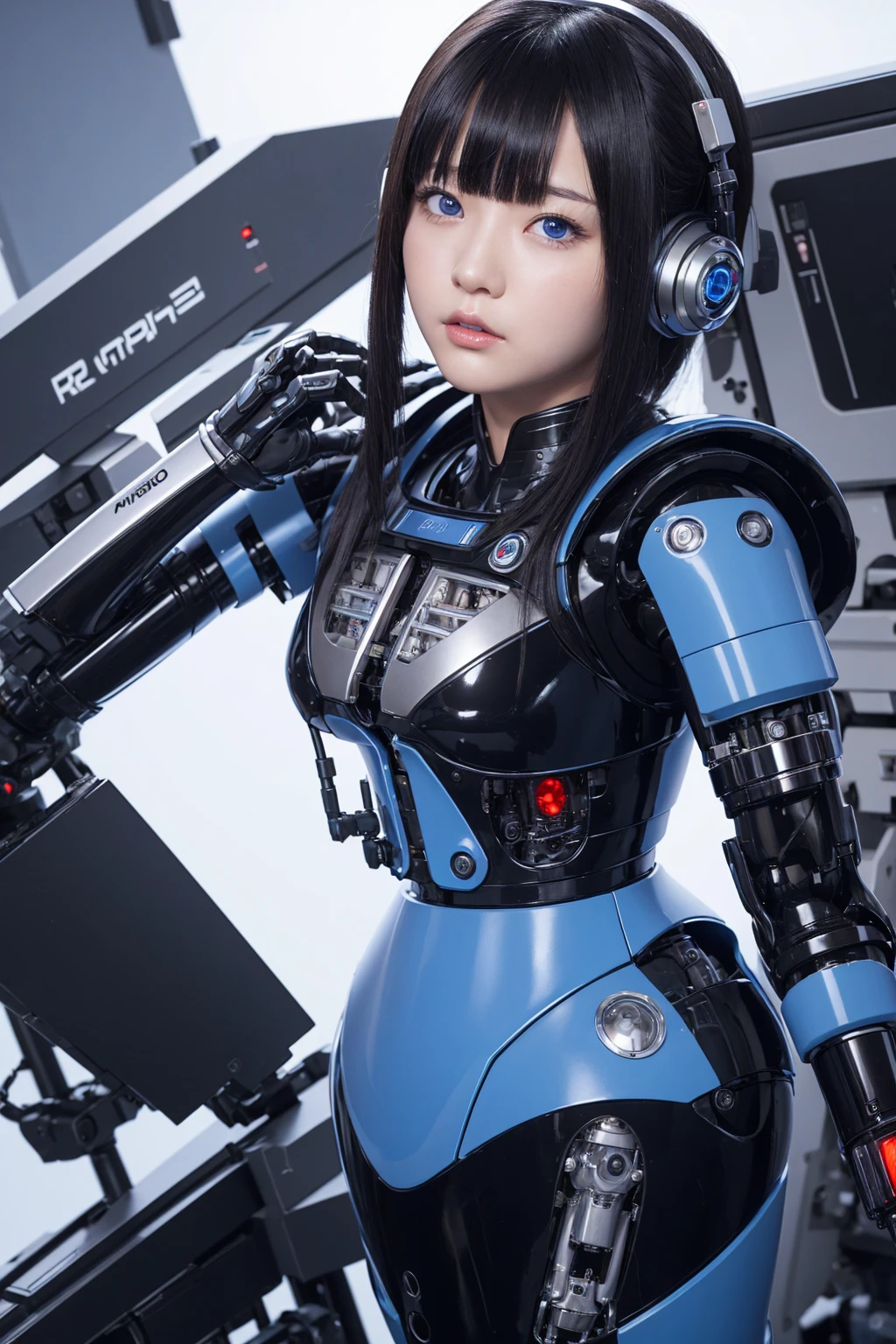 masterpiece, best quality, extremely detailed, Japaese android girl,portrait,Plump,a bit chubby,control panels,android,Droid,Mechanical Hand, Robot arms and legs, Black hair,Blunt bangs,perfect robot girl,long tube,thick cable connected her neck,android,robot,humanoid,cyborg,japanese cyborg girl ,robot-assembly plant,She is assembling now,assembly scene,blue eyes,chest monitor