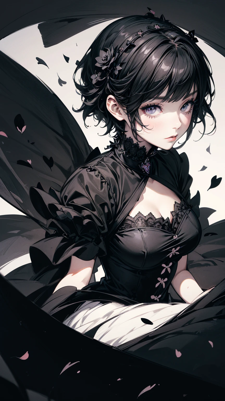 Top view, Woman with asymmetrical short hair, Gothic ta Fashion, A dynamic pose, Collage with black petals, Anime Style, Simple lines, Digital Painting, (masterpiece, High resolution, Highest quality)