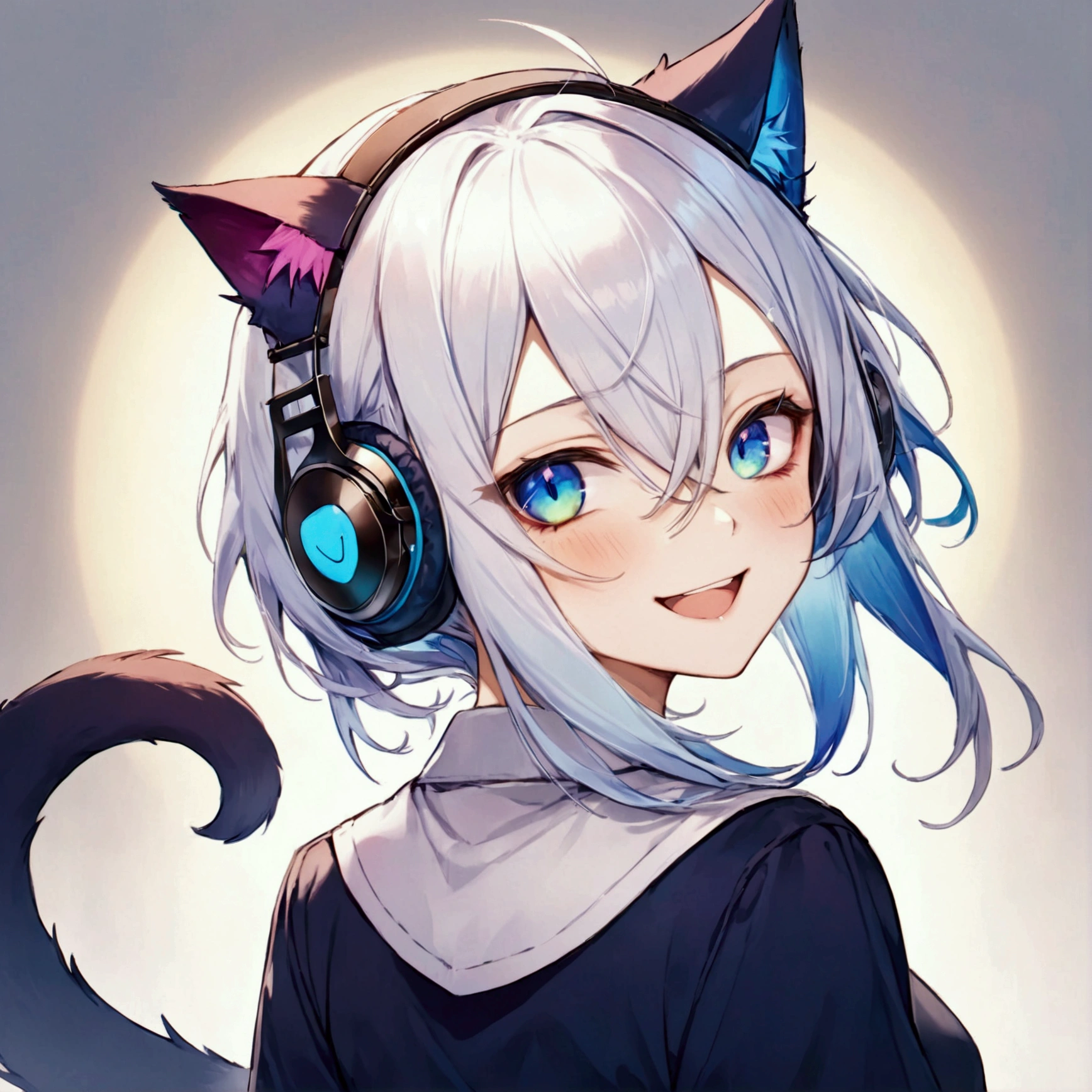 pointed ears, cat ears headset, blue colored eyes, teeths, Barba, heterochromia, teeths presas, happy/glad, slightly-smile, shiny pupils, rear view, plano americano, tails, Demon horns,
