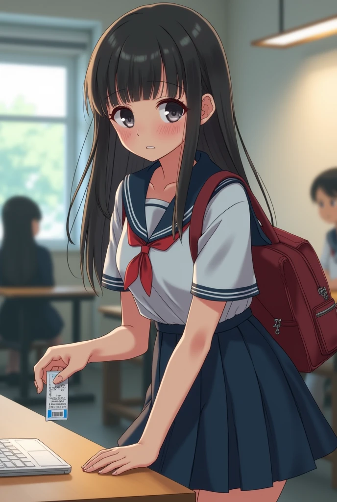 A big eyes high school girl is blunt bangs and small skinny body and blush crying and wearing school bag and braless school uniform and navy pleated skirt and who came for a job interview is holding her hand on the desk and presenting her student ID card. The fat and naughty-faced boss is looking at her rolluped skirt from.behind