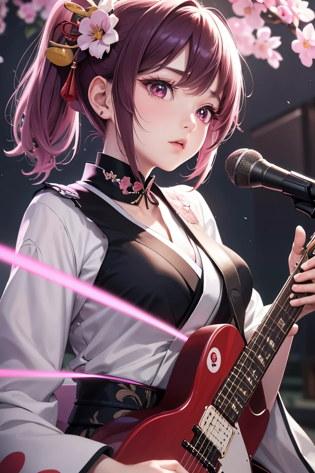 masterpiece, best quality, very detailed, high resolution, expensive resolution, high resolution, 4K, 8k, Unity 8k wallpaper, highly detailed CG, masterpiece, 2D, 3D, beautiful details, depth, fine texture, best quality: 1.3, perfect focus, crispy skin, he,
Very cute anime girl, girl playing guitar vocals in a band wearing a Japanese fancy floral haori hakama, on outdoor stage, full body, expensive pink and black short twin tail hair, mole under eye, looking at the viewer, expensive, blush, mole, lips open, , heart choker, pink eyes, guitar vocals, stage