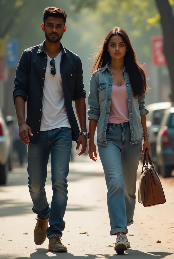 A boy age 27 south India from andhrapradesh wear jeans and t-shirt dusky skin and there was a girl age 25 north India from mumbai looks very modern she wears western dress looks very beautiful and active. Both them are walking on Mumbai streets.