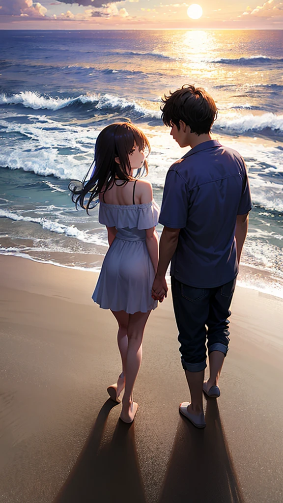quiet seaside、On the sandy beach where the evening waves gently litter the shore、The shadows of a man and a woman are reflected。Silhouettes of a man and woman appear to be holding hands、The moon shines behind them。A romantic and sad night view。