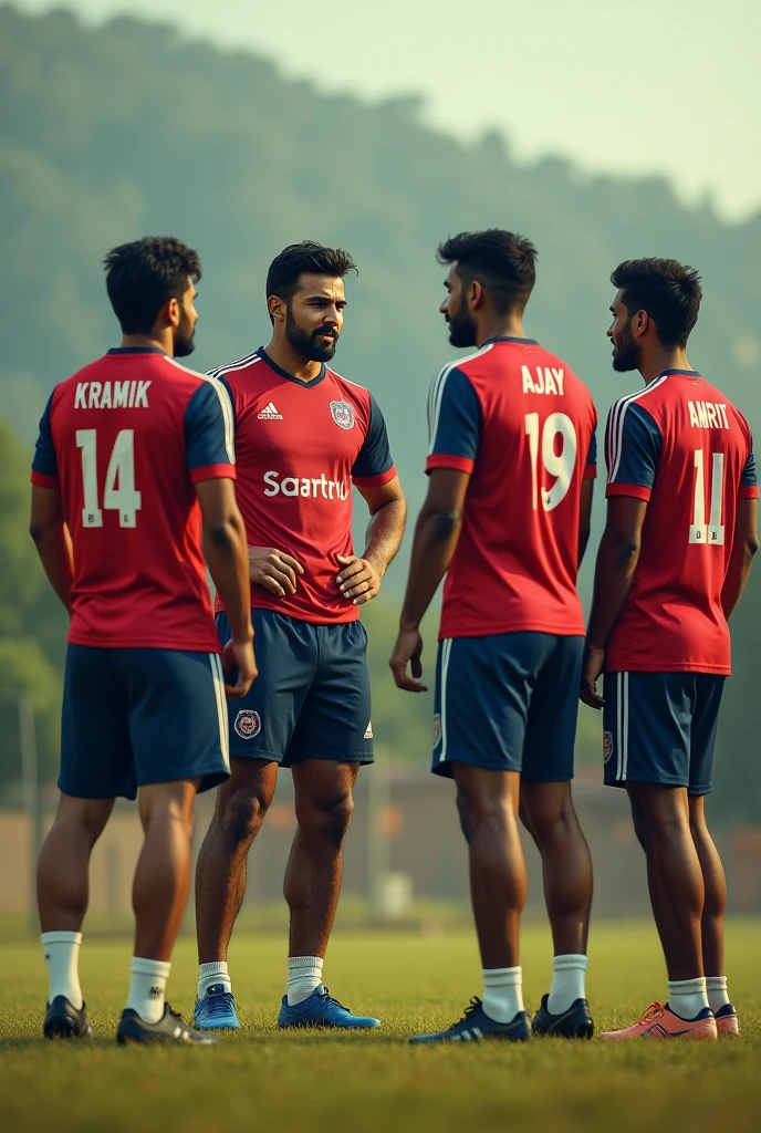 Group of  soccer player discussing  with name Kramik,Manish,Ajay,Amrit,Bivan in their  back of shirt where kramik has big calves and better physique 

