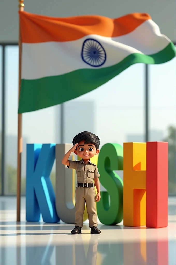 Generate an image featuring a young child dressed in a smart uniform, standing next to large 3D letters spelling out the name 'KHUSHI'. The letters should be designed in the colors of the Indian flag, with the letter 'K' in saffron, 'H' in white, 'U' in white, 'S' in orange, and 'H' and 'I' in green. The child should be saluting proudly with a smile, positioned next to the letter 'K'. Behind the child and the letters, place a large Indian flag on a pole, fluttering slightly. The background should be a sleek, modern interior with a reflective floor that mirrors the letters and child. The overall tone should evoke a sense of patriotism and pride