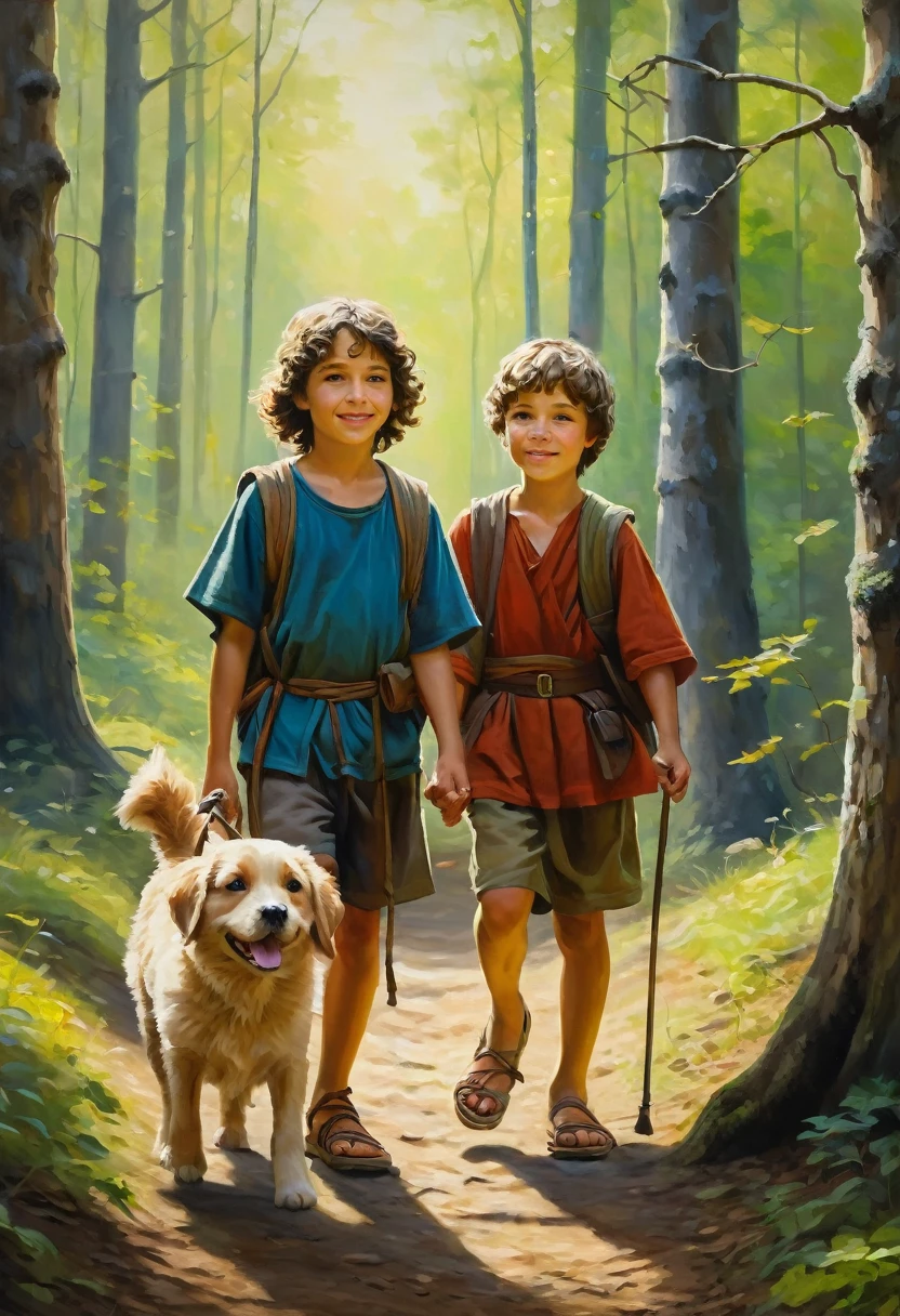 Oil painting. Two kids from biblical times, full body, one is and the other is 7 years old,er with their dog walking in the forest. Make them cute, and friendly aimed for kids to connect with. Cinematic,