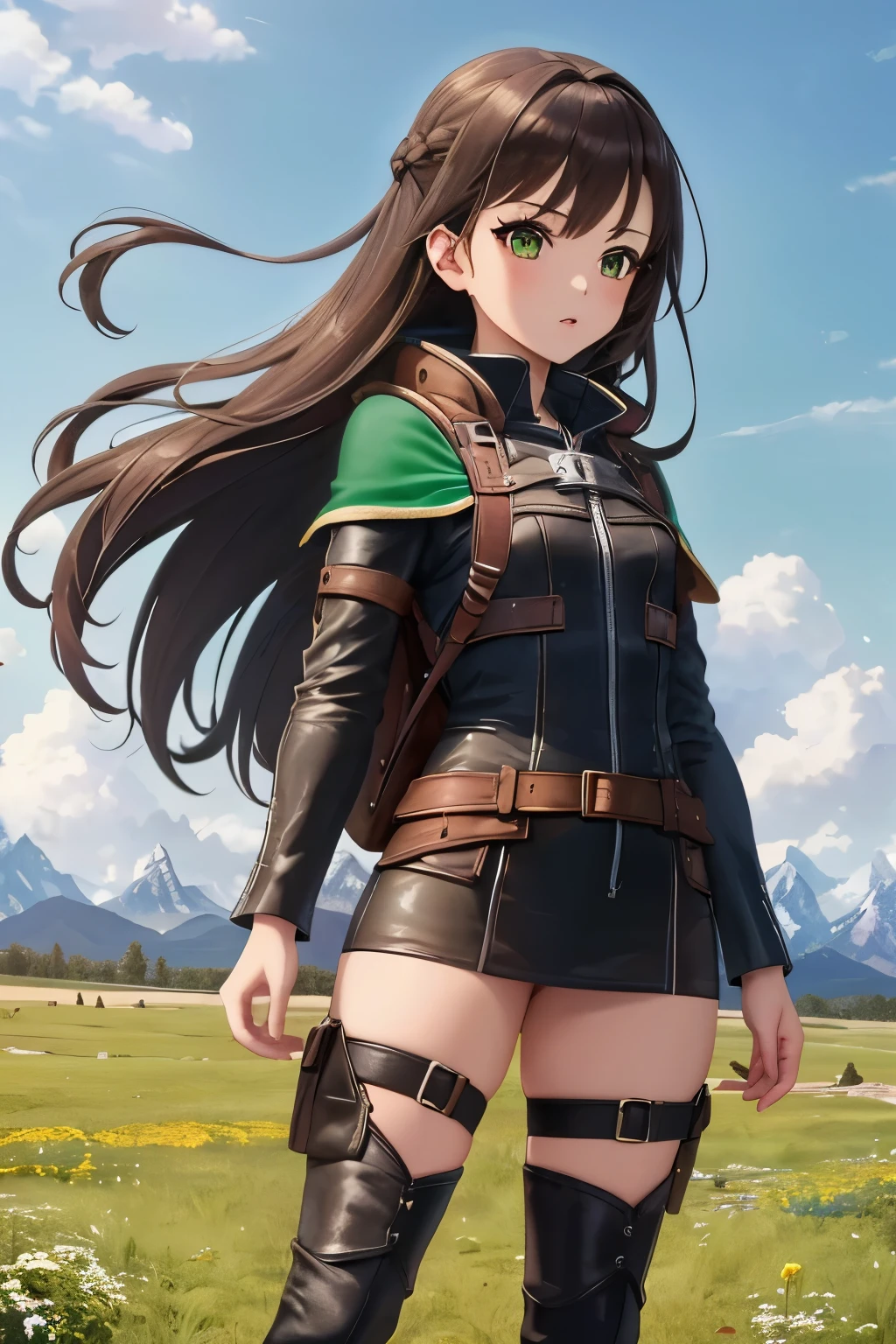 ((masterpiece, Highest quality, High resolution, 超High resolution, Pixel perfect, Written boundary depth, 4K, RTTX 10.0, High resolution))), 1 girl, single, alone, Beautiful Anime Girls, Beautiful art style, Anime characters, ((Shortcuts, bangs, Dark brown hair)), ((Green Eyes:1.4, Round eyes, Beautiful eyelashes, current eyes)), ((Smooth texture:0.75, Anime CG style)), ((Dynamic Angle, close)), Perfect body, (pretty girl), Normal chest, whole body, ((4K, 8k, Highest quality, Perfect Fingers: 1.3, Perfect Anatomy: 1.3, Background Blur)), whole bodyアングル, An adventurer girl standing in the middle of a vast green field, She wears a slightly worn leather outfit., Boots and a small cape fluttering in the wind, With a confident look, They have bright, curious eyes., Long hair tied back, A small backpack packed with adventure essentials, Mountains towering in the distance々Under the blue sky with a background of