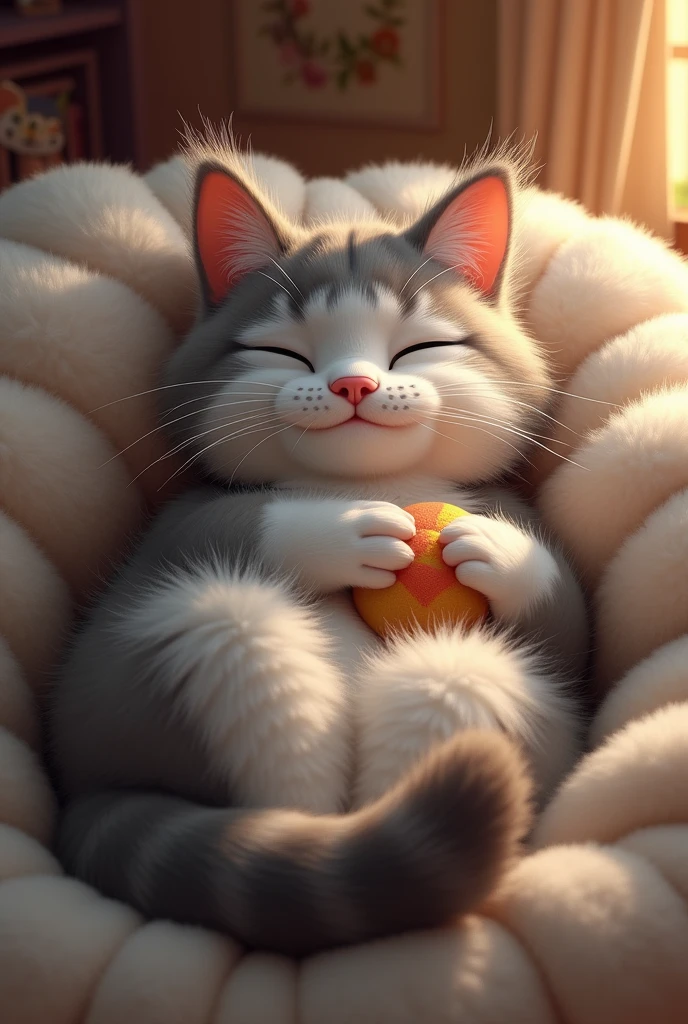 "A realistic image of Whiskers, a fluffy cat, lying contentedly in a cozy spot, such as a soft blanket or plush bed. The cat is cuddled up with a small ball that is red, yellow, and blue, showing a relaxed and satisfied expression. The setting is warm and inviting, with soft lighting to enhance the cozy atmosphere