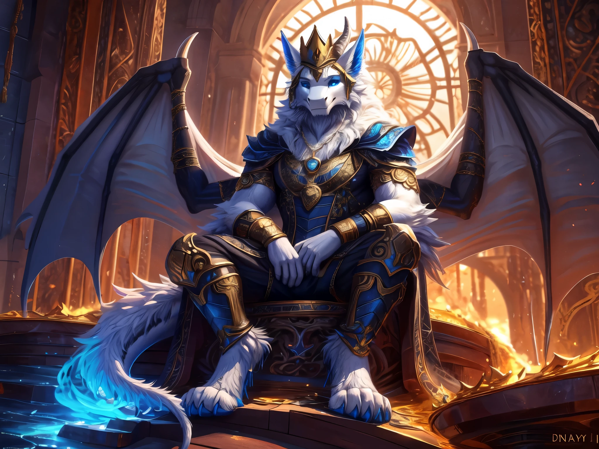 solo,(furred dragon),mature,male,((white fur)),wing,fluffy furs,dragon horns,blue_eyes,cat's eye,tail,handsome,sitting,toe claws,digitigrade,blue pawpads,anklet,bracelet,pendant,clothing details,epic,mgaical,Fantasy,floating_island,Cinematic Lighting,cirrocumulus,perfect lighting,(best quality),(masterpiece),(ultra detailed),sharp focus,(detailed eyes),depth of fieldExtremely gorgeous metal style, Metal crown with ornate stripes, Various metals background, Sputtered molten iron,Clothes made of silver, Clothes with gold lace, flowing gold and silver, everything flowing and melt, flowing iron, flowing silver, lace flowing and melt,