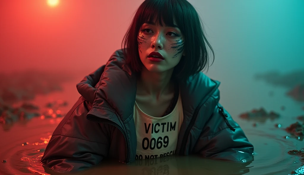 woman, bib "VICTIM 0069 DO NOT RESCUE", moncler ultra-short sporty collar only down jacket, muddy flared jeans, stuck in mud bog,pale ethnic patterns ritual makeup, cold, red lips, sexy posing, bob haircut, red fog, blue, green, posing, dynamic, sexy despair