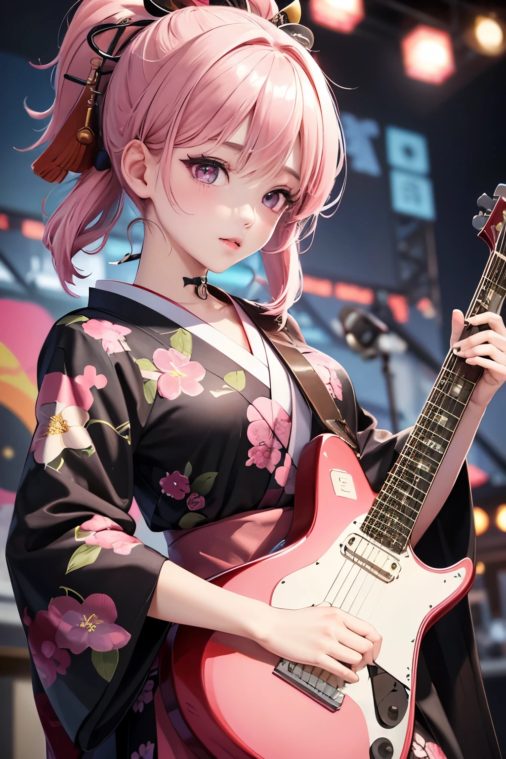 masterpiece, best quality, very detailed, high resolution, expensive resolution, high resolution, 4K, 8k, Unity 8k wallpaper, highly detailed CG, masterpiece, 2D, 3D, beautiful details, depth, fine texture, best quality: 1.3, perfect focus, crispy skin, he,
Very cute anime girl, girl playing guitar vocals in a band wearing a Japanese fancy floral haori hakama, on outdoor stage, full body, expensive pink and black short twin tail hair, mole under eye, looking at the viewer, expensive, blush, mole, lips open, , heart choker, pink eyes, guitar vocals, stage