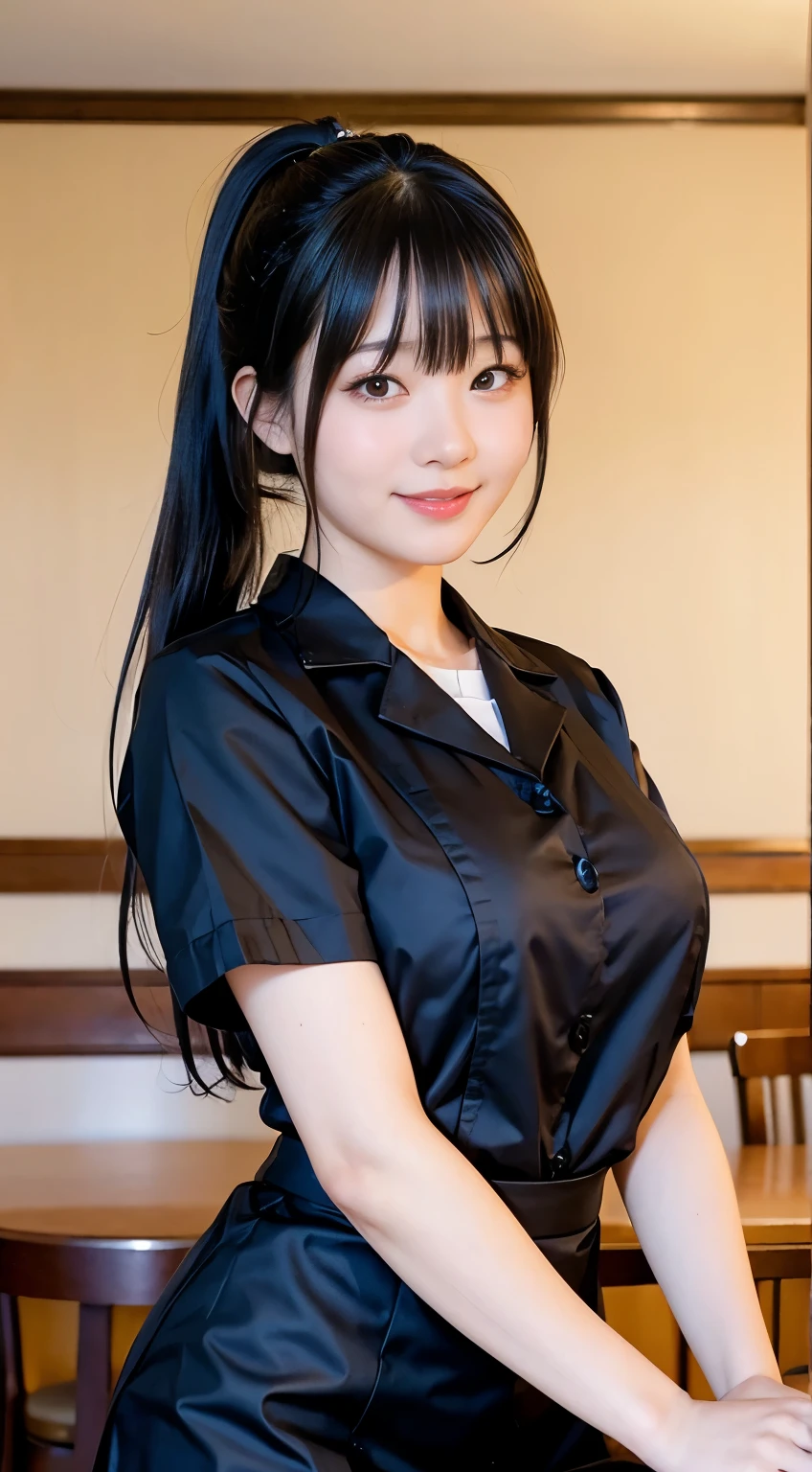 (Highest quality,masterpiece:1.3,Ultra-high resolution,),(Very detailed,Caustics),(Realistic:1.4,RAW shooting,)Ultra-Realistic Capture,Very detailed,High resolution 16K human skin closeup。 Natural skin texture、,pores、、、、It must be detailed enough to be easily identifiable。 Skin tone is even and healthy looking。 Use natural light and colour,restaurant,Waitress Uniform,1 girl,Japanese,18-year-old,cute,Black-haired,ponytail,Big Breasts,smile,Turn your body forward,(Front view:1.1),Looking into the camera,Cowboy Shot,