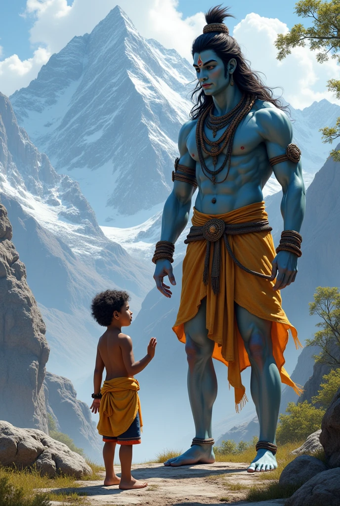  a  human boy sping Lord Shiva from entering into a palace because maa parvati was bathing
Background has to be himalayas