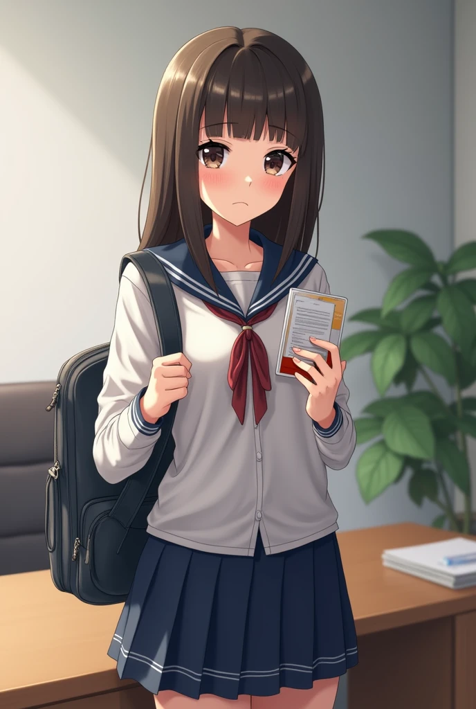 A big eyes high school girl is blunt bangs and small skinny body and blush crying and wearing school bag and braless school uniform and navy pleated skirt and who came for a job interview is holding her hand on the desk and presenting her student ID card. The fat and naughty-faced boss is looking at her rolluped skirt from.behind