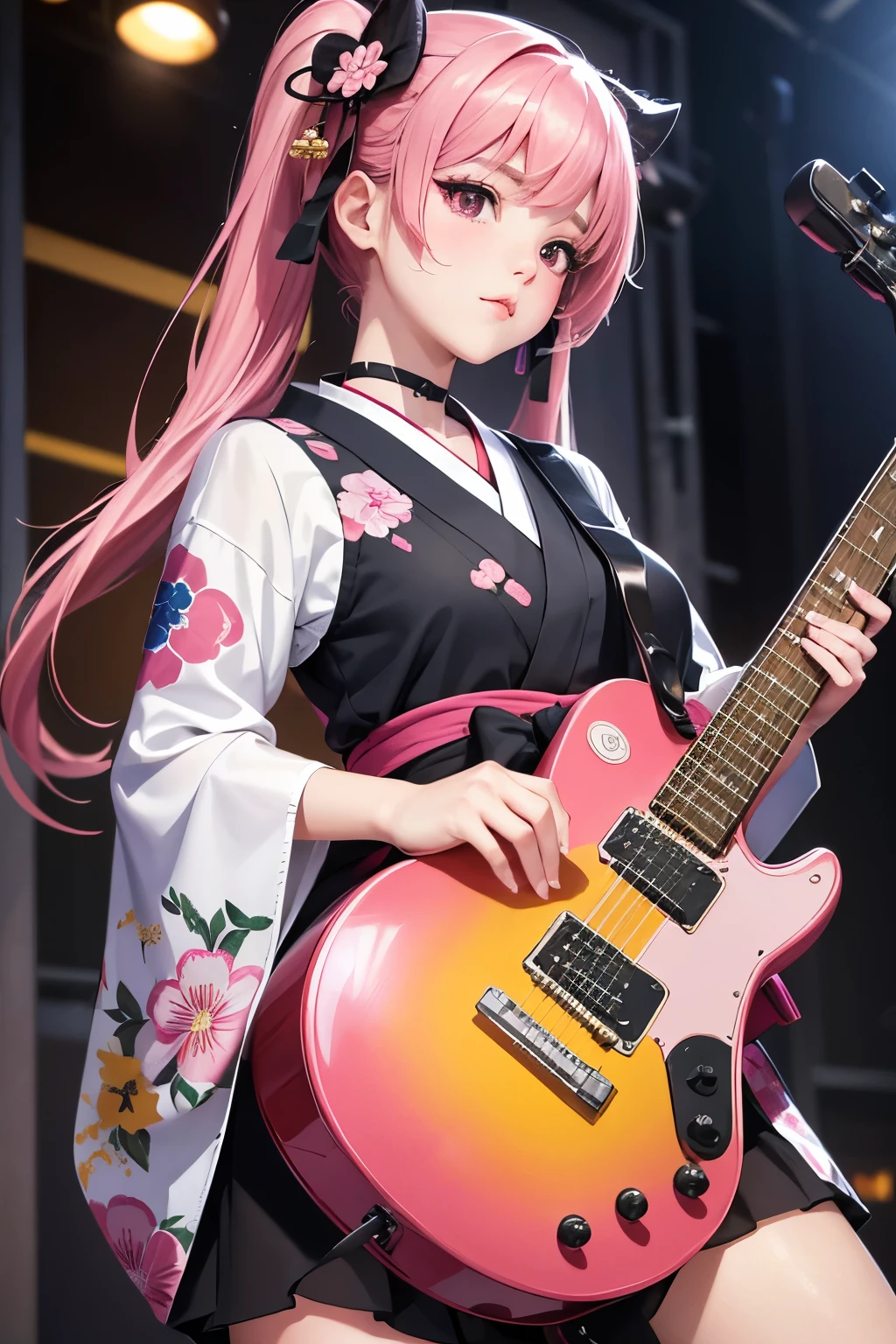 masterpiece, best quality, very detailed, high resolution, expensive resolution, high resolution, 4K, 8k, Unity 8k wallpaper, highly detailed CG, masterpiece, 2D, 3D, beautiful details, depth, fine texture, best quality: 1.3, perfect focus, crispy skin, he,
Very cute anime girl, girl playing guitar vocals in a band wearing a Japanese fancy floral haori hakama, on outdoor stage, full body, expensive pink and black short twin tail hair, mole under eye, looking at the viewer, expensive, blush, mole, lips open, , heart choker, pink eyes, guitar vocals, stage