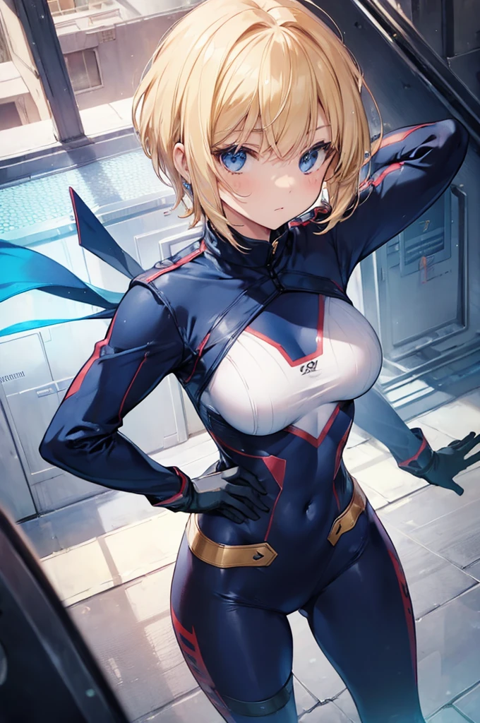 (((hero suit))), girl, solo, blond, short cut, breast