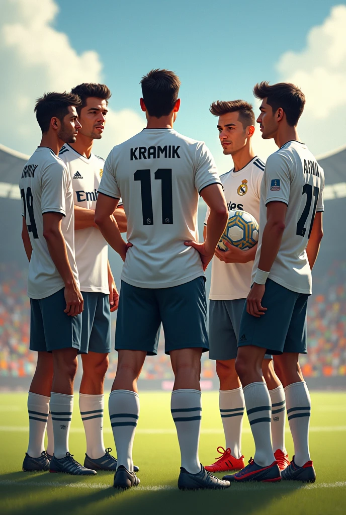 Group of  soccer player discussing  with name Kramik,Manish,Ajay,Amrit,Bivan in their  back of shirt where kramik has big calves and better physique In madrid shirt with football in hand

