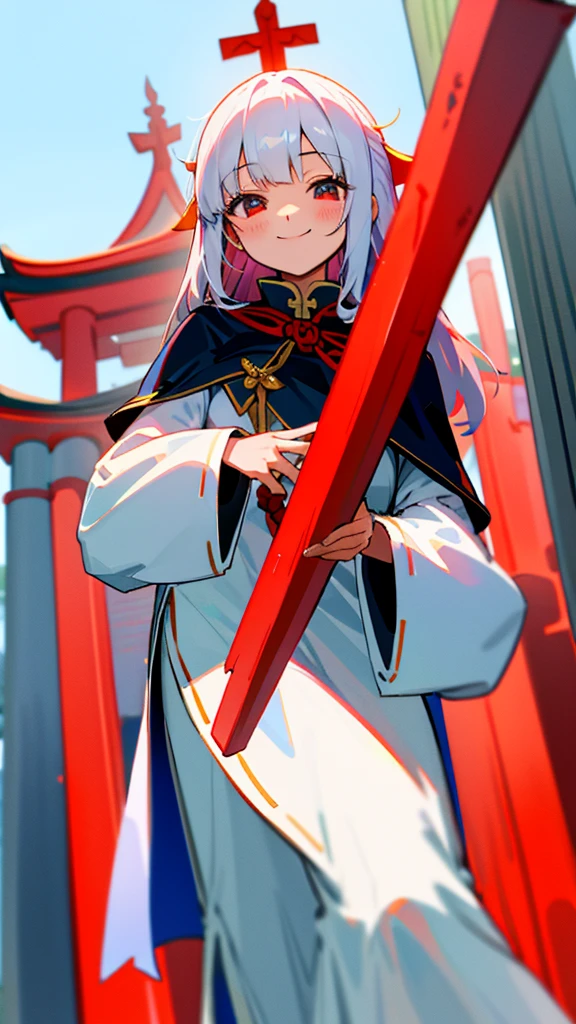 Girl in Priestess Uniform、smile、red、shrine