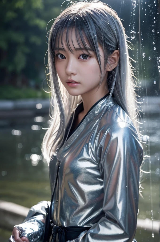 In this scene, a beautiful Japanese girl is depicted realistically.、She has a sharp gaze、She is depicted with wet white-silver hair falling over her face.。The background is a gray gradient、It gives the feeling of rough weather and the aftermath of a battle.。She is wearing a shiny silver sheer vinyl outfit.、This costume is、The texture of the raindrops sticking to your skin is realistically expressed.。
She clenched her fists、The other hand is pulled sharply、preparing for battle。As a photographic technique、The contrast of light and shadow is used skillfully.、In particular, the texture of her skin and the sheen of her outfit are emphasized.。The movement of water droplets splashing is captured in an instant.、The realism of moving scenes is emphasized, making them appear still.。
The overall screen is composed of vertical screens.、Her gaze naturally drifted from her face to her fist.、And it&#39;s designed to lead you into the background.。Ultra-realistic live-action depiction、The visuals are so powerful they seem like a scene straight out of a movie.。