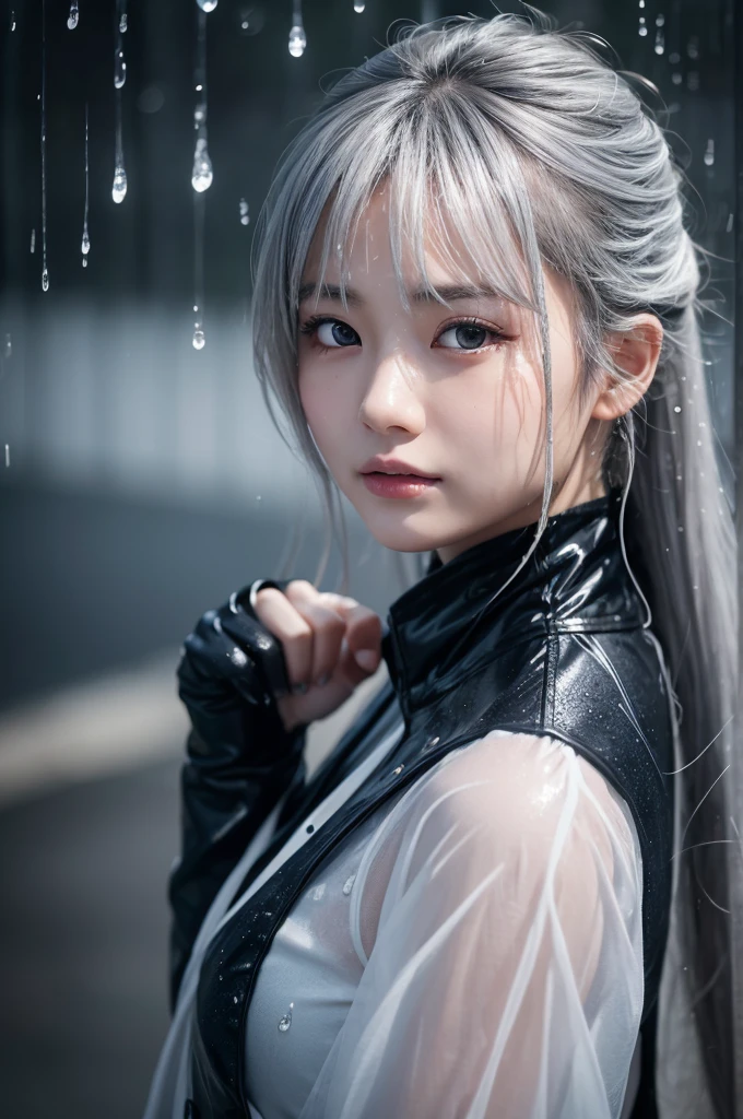 In this scene, a beautiful Japanese girl is depicted realistically.、She has a sharp gaze、She is depicted with wet white-silver hair falling over her face.。The background is a gray gradient、It gives the feeling of rough weather and the aftermath of a battle.。She is wearing a shiny silver sheer vinyl outfit.、This costume is、The texture of the raindrops sticking to your skin is realistically expressed.。
She clenched her fists、The other hand is pulled sharply、preparing for battle。As a photographic technique、The contrast of light and shadow is used skillfully.、In particular, the texture of her skin and the sheen of her outfit are emphasized.。The movement of water droplets splashing is captured in an instant.、The realism of moving scenes is emphasized, making them appear still.。
The overall screen is composed of vertical screens.、Her gaze naturally drifted from her face to her fist.、And it&#39;s designed to lead you into the background.。Ultra-realistic live-action depiction、The visuals are so powerful they seem like a scene straight out of a movie.。