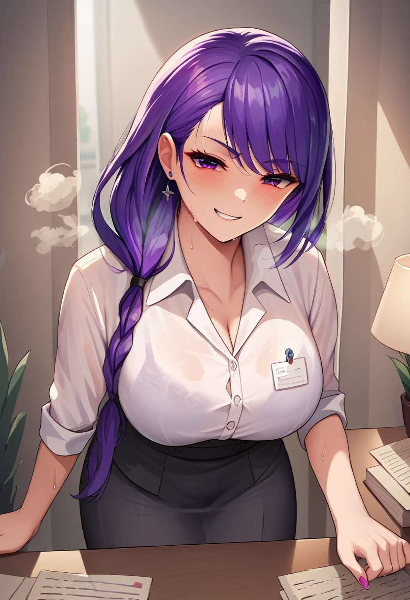 masterpiece, best quality, 1girl, smirk, purple hair, low-tied long hair, blush, sweat, (steam), office 