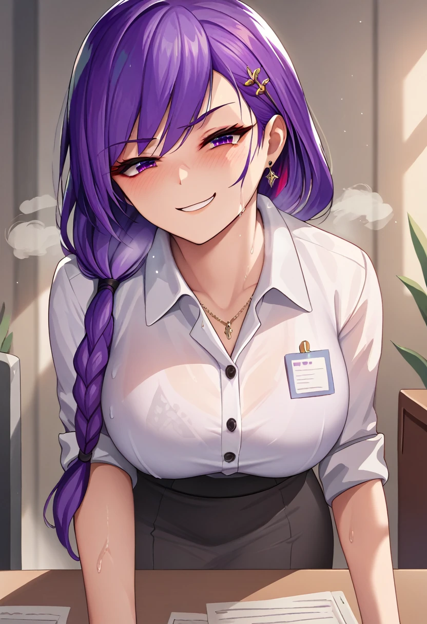 masterpiece, best quality, 1girl, smirk, purple hair, low-tied long hair, blush, sweat, (steam), office 