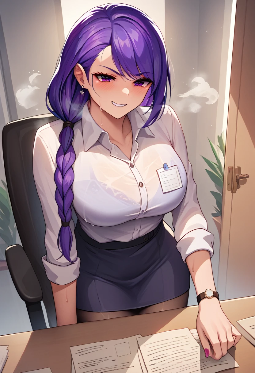 masterpiece, best quality, 1girl, smirk, purple hair, low-tied long hair, blush, sweat, (steam), office 