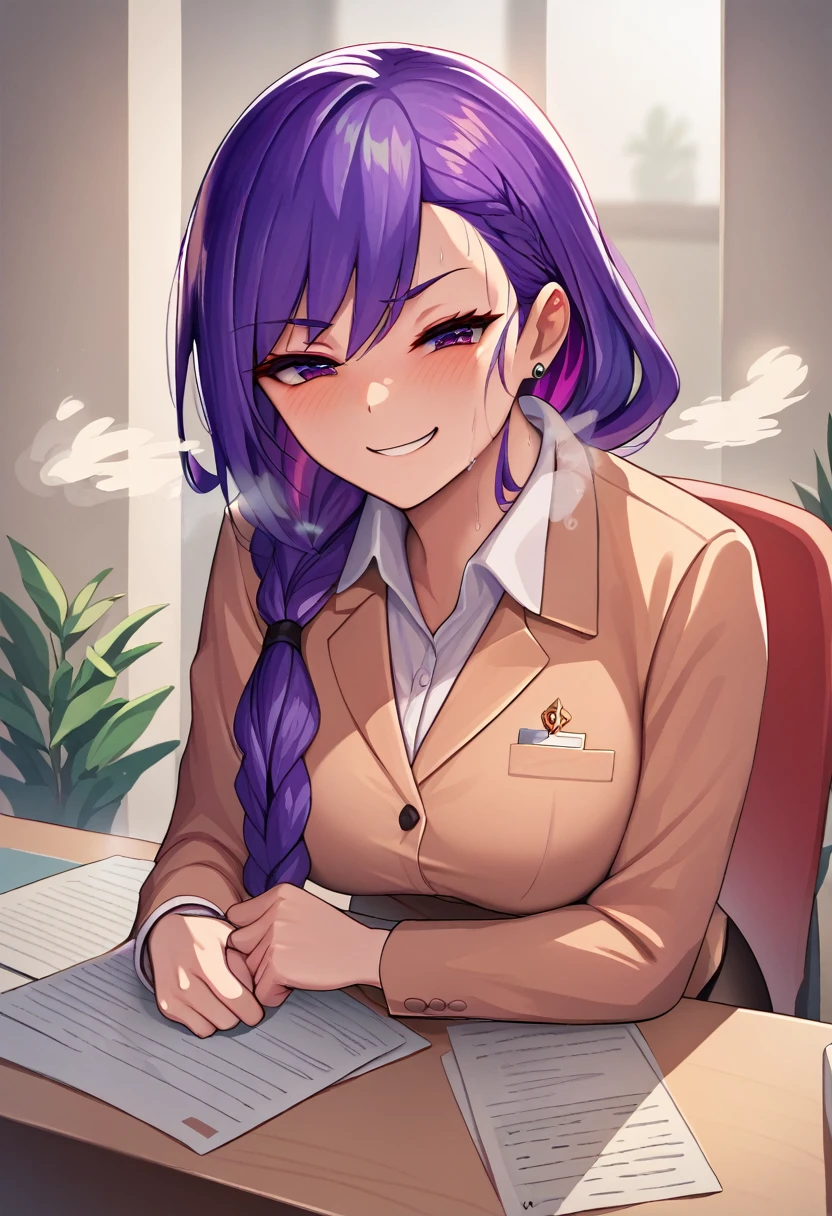 masterpiece, best quality, 1girl, smirk, purple hair, low-tied long hair, blush, sweat, (steam), office 