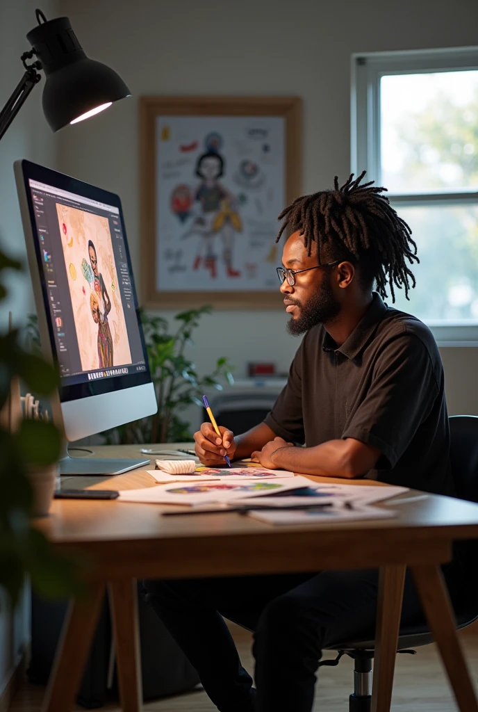a 29 year old young black man with dreadlocks graphic designer sitting on a chair in an office doing creative work with adobe illustrator.