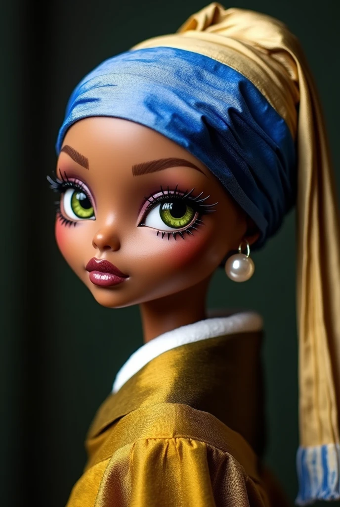 doll Clawdeen Wolf Monster High "Girl with a pearl earring" Jan Vermeer, brown skintone, green eyes, half-turned, looking at the viewer, a turban on her head, a pearl earring in her ear