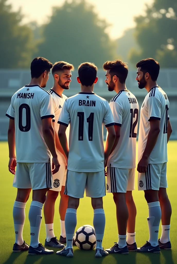 Group of soccer player discussing with name Kramik,Manish,Ajay,Amrit,Bivan in their back of shirt In madrid shirt with football in hand