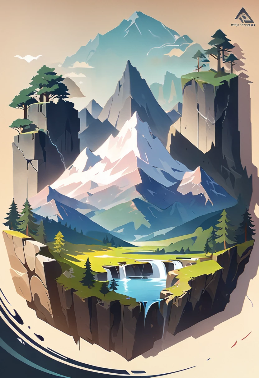 impressive painting of a mountain with trees and water, a detailed painting by Petros Afshar, shutterstock contest winner, environmental art, detailed painting, outlined art, 2d game art, isolated background for logo, strong contours, logo design