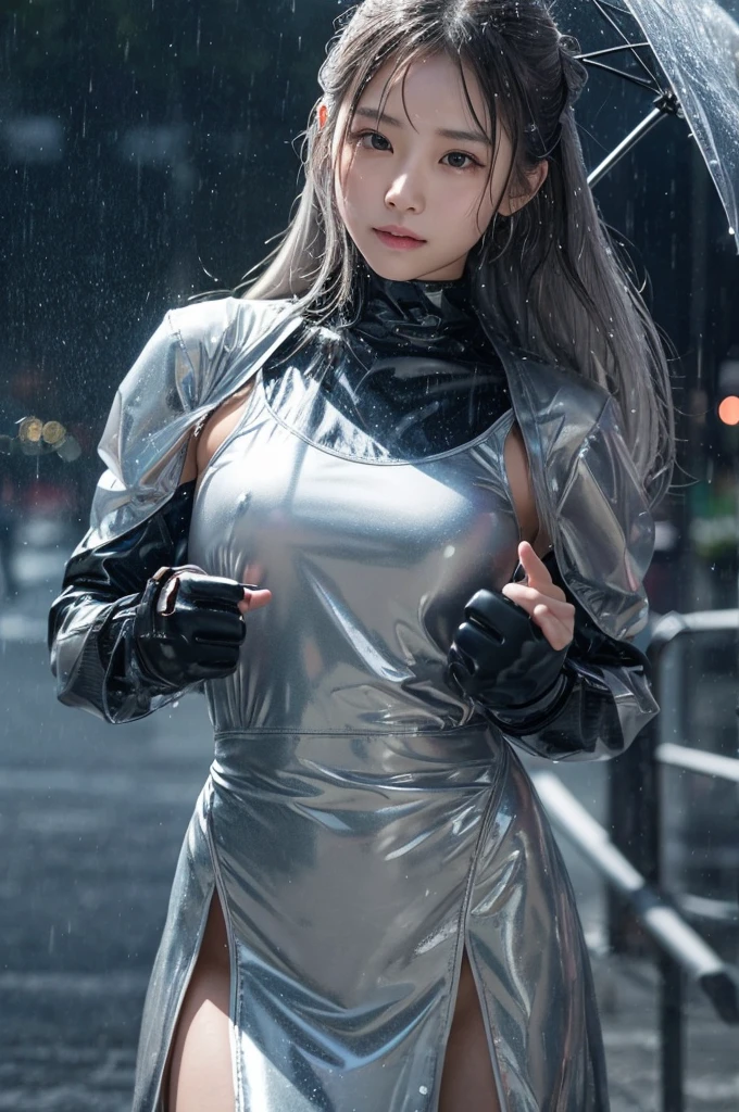 In this scene, a beautiful Japanese girl is depicted realistically.、She has a sharp gaze、She is depicted with wet white-silver hair falling over her face.。The background is a gray gradient、It gives the feeling of rough weather and the aftermath of a battle.。She is wearing a shiny silver sheer vinyl outfit.、This costume is、The texture of the raindrops sticking to your skin is realistically expressed.。
She clenched her fists、The other hand is pulled sharply、preparing for battle。As a photographic technique、The contrast of light and shadow is used skillfully.、In particular, the texture of her skin and the sheen of her outfit are emphasized.。The movement of water droplets splashing is captured in an instant.、The realism of moving scenes is emphasized, making them appear still.。
The overall screen is composed of vertical screens.、Her gaze naturally drifted from her face to her fist.、And it's designed to lead you into the background.。Ultra-realistic live-action depiction、The visuals are so powerful they seem like a scene straight out of a movie.。