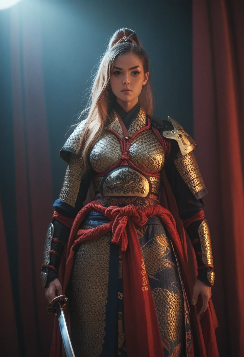 A sexy female samurai warrior, beautiful detailed eyes, long flowing hair, wearing intricate samurai armor, wielding a katana sword, standing in a dramatic pose, cinematic lighting, detailed rendering, vibrant colors, highly detailed, photorealistic, masterpiece, 8k, hyper detailed