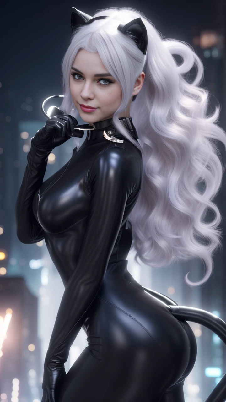 Cat woman,Beautiful girl, Red lips, smile, Platinum hair, medium chest, medium body, leather corset, leather leggings, Scenery around the top of buildings, background mode night city, nude ,show tits,show pussy,wear black cat mask,leg spreading,bondage body