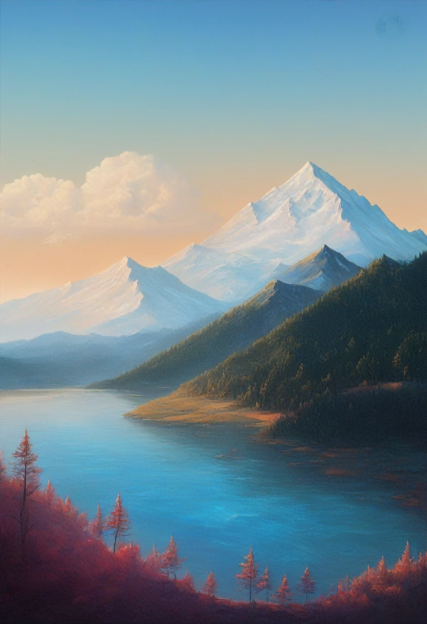 impressive painting of a mountain with trees and water, a detailed painting by Petros Afshar, shutterstock contest winner, environmental art, detailed painting, outlined art, 2d game art, isolated background for logo, strong contours, logo design
