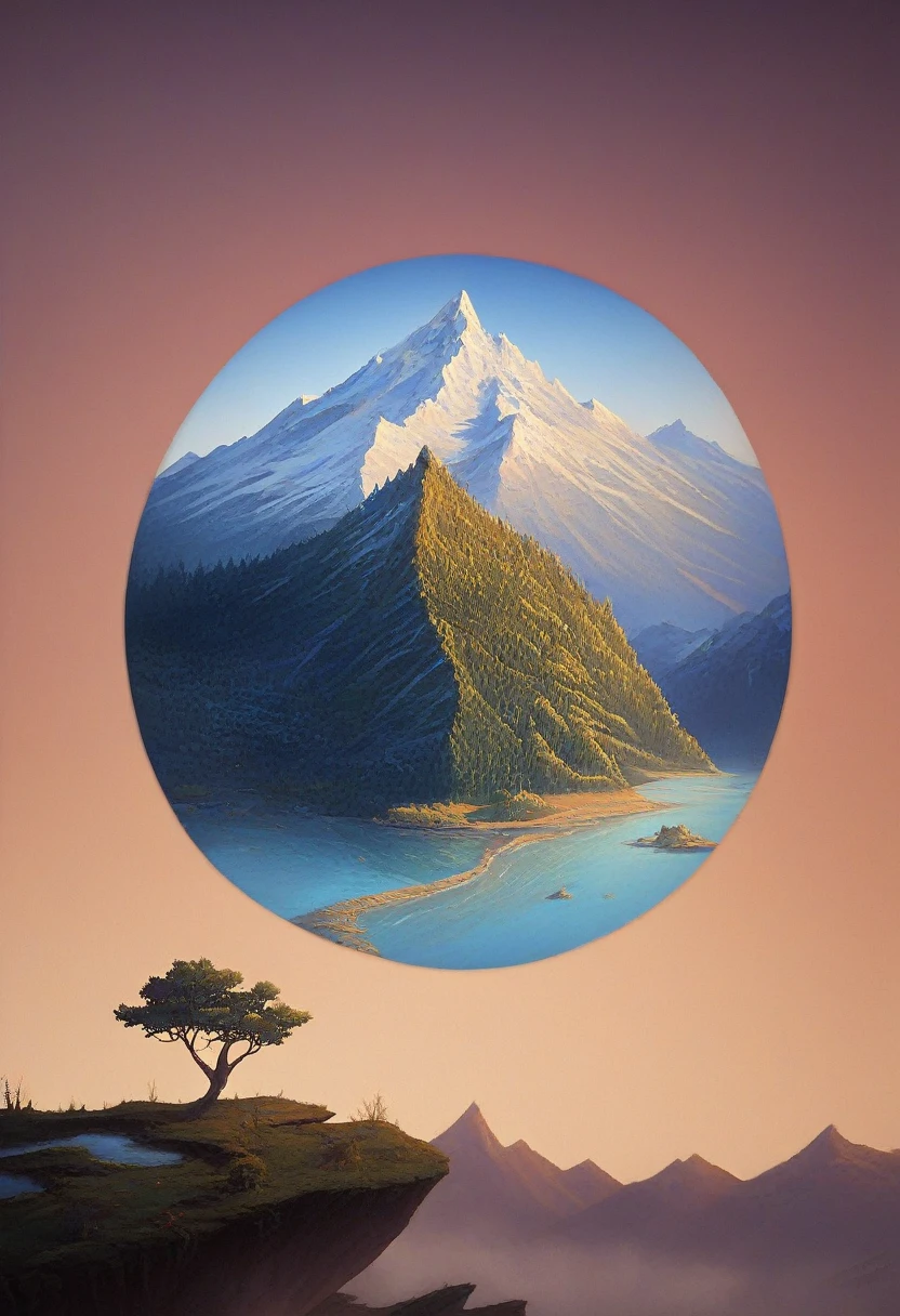 impressive painting of a mountain with trees and water, a detailed painting by Petros Afshar, shutterstock contest winner, environmental art, detailed painting, outlined art, 2d game art, isolated background for logo, strong contours, logo design