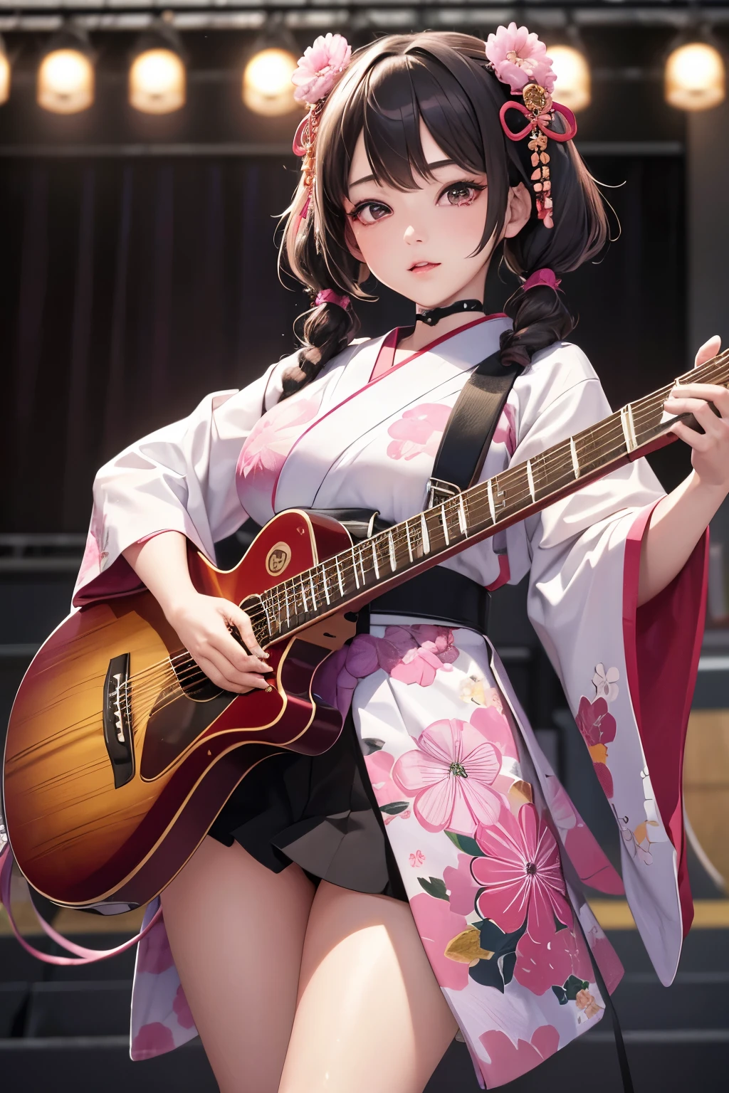 masterpiece, best quality, very detailed, high resolution, expensive resolution, high resolution, 4K, 8k, Unity 8k wallpaper, highly detailed CG, masterpiece, 2D, 3D, beautiful details, depth, fine texture, best quality: 1.3, perfect focus, crispy skin, he,
Very cute anime girl, girl playing guitar vocals in a band wearing a Japanese fancy floral haori hakama, on outdoor stage, full body, expensive pink and black short twin tail hair, mole under eye, looking at the viewer, expensive, blush, mole, lips open, , heart choker, pink eyes, guitar vocals, stage