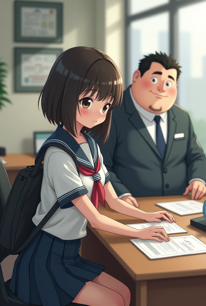 1man 1girl, A big eyes high school girl is blunt bangs and small skinny body and blush and crying and wearing school bag and braless school uniform and navy pleated skirt and who came for a job interview is holding her hand on the desk and presenting her student ID card, The fat and naughty-faced boss is looking at her rolluped skirt from behind